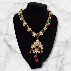 Kundan Style Statement Necklace Red & Clear Stones Gold Tone Adjustable Tassel